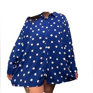 Susan Gaver Blue and White Polka Dot Button Up Long Sleeve